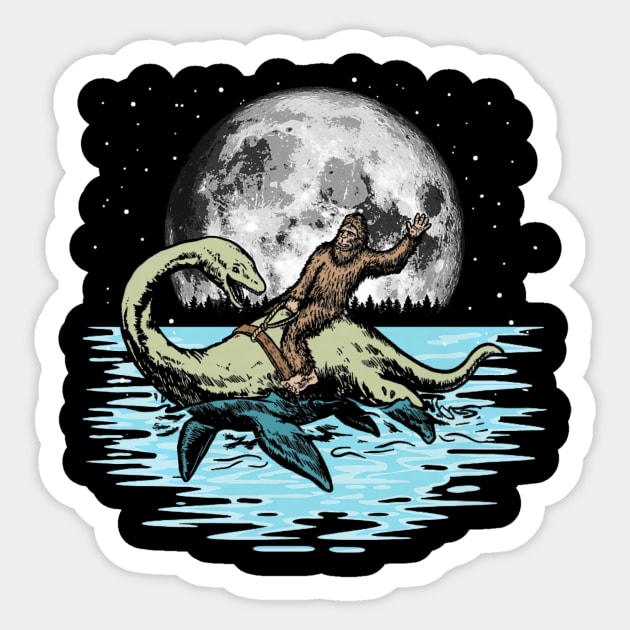 Funny Bigfoot Riding Nessie Loch Ness Monster & Full Moon Sticker by yangho